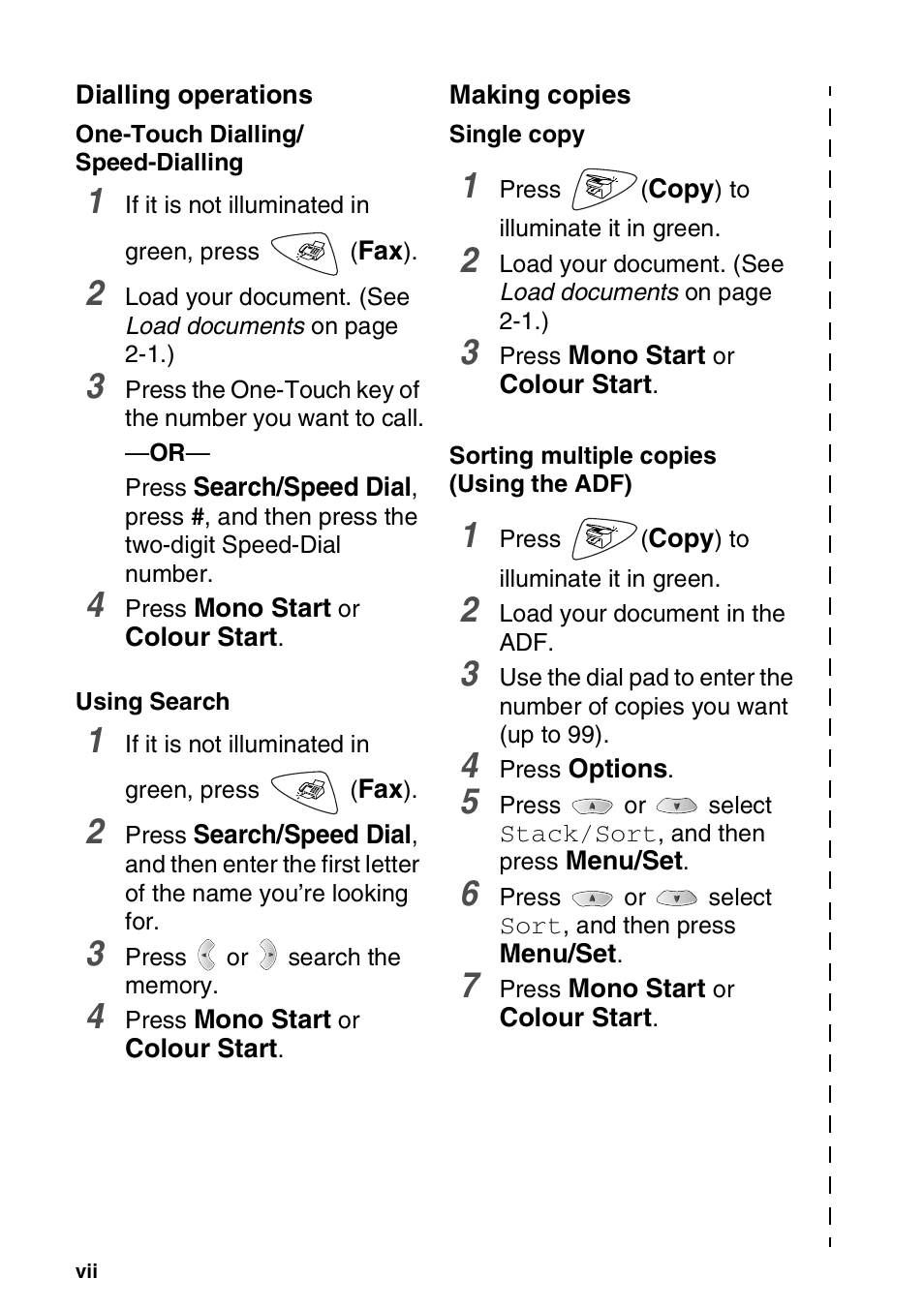 Dialling operations, Making copies | Brother FAX-1820C User Manual | Page 8 / 174