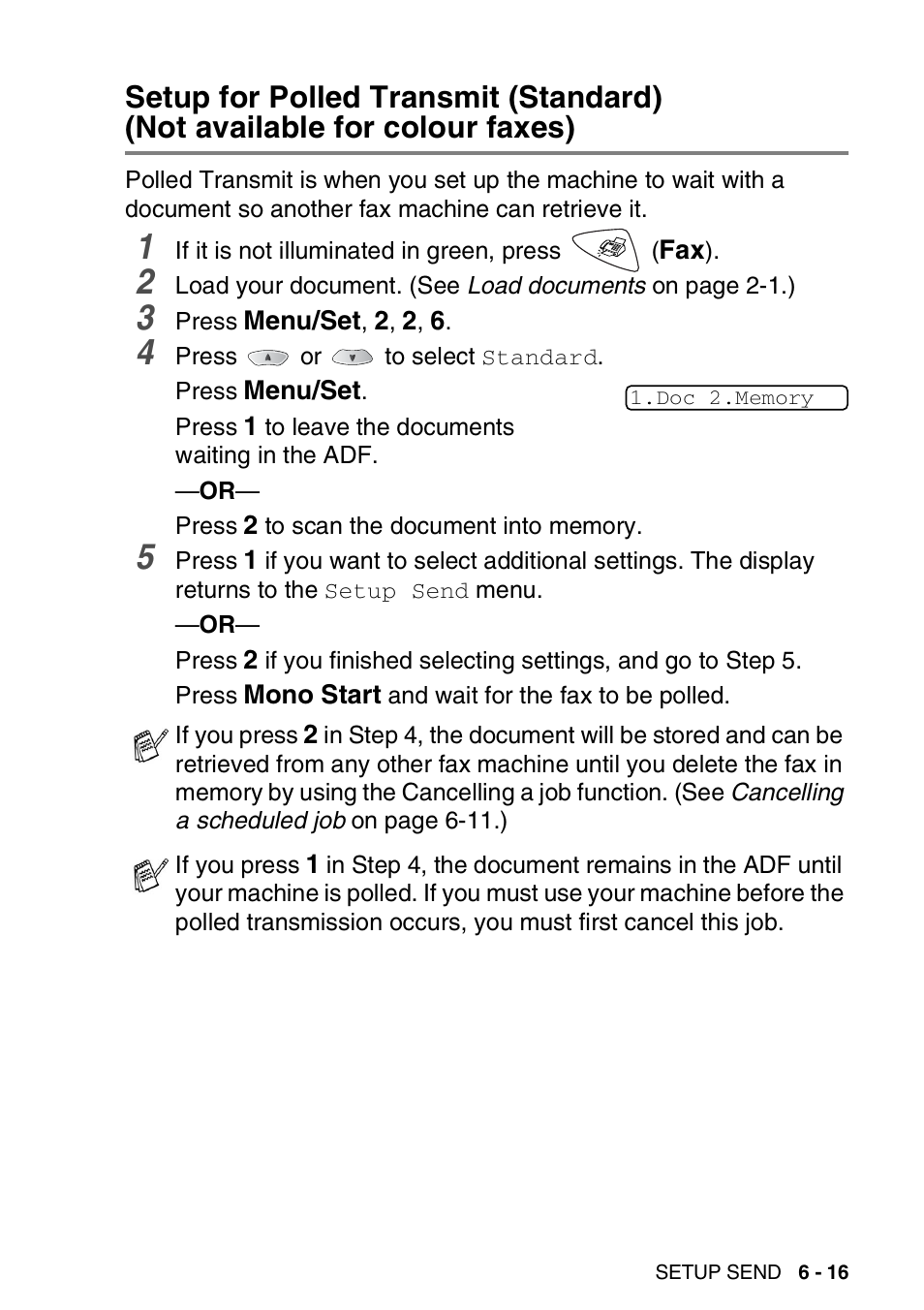 Setup for polled transmit (standard), Not available for colour faxes) -16 | Brother FAX-1820C User Manual | Page 87 / 174