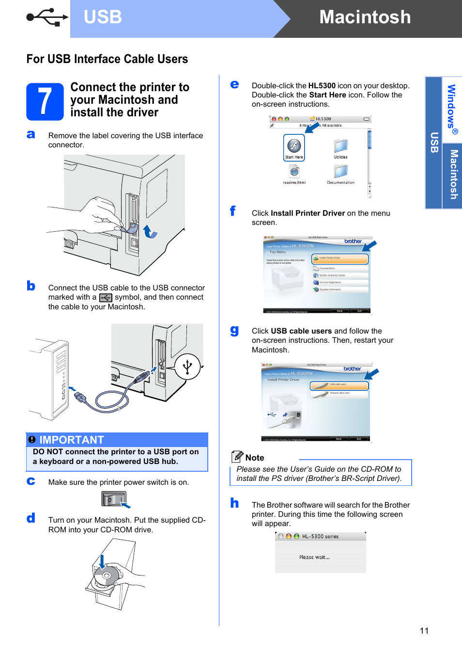 For usb interface cable users (for mac os x users), Macintosh usb, For usb interface cable users | Brother HL-53 User Manual | Page 11 / 34