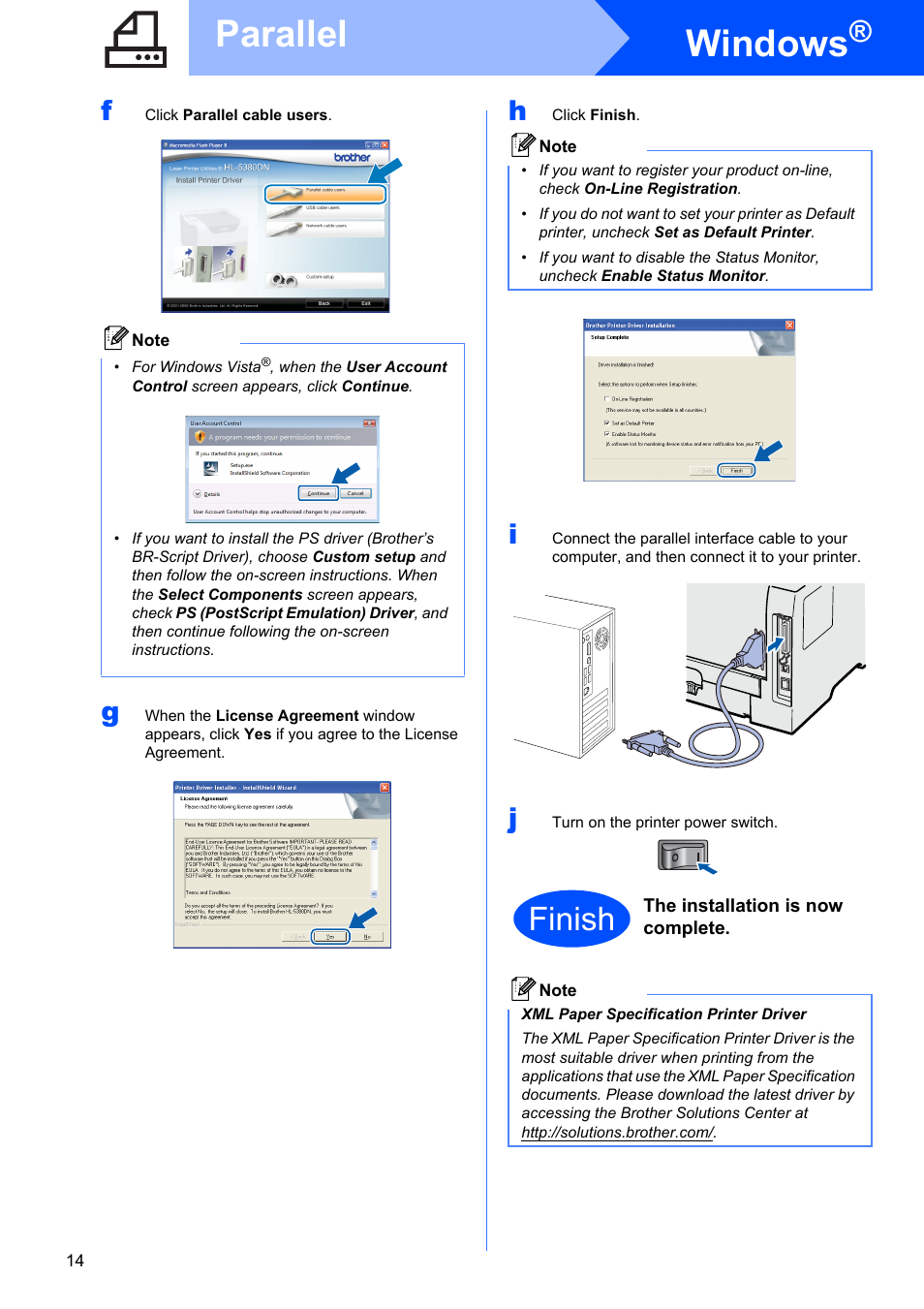 Windows, Parallel, Finish | Brother HL-53 User Manual | Page 14 / 34