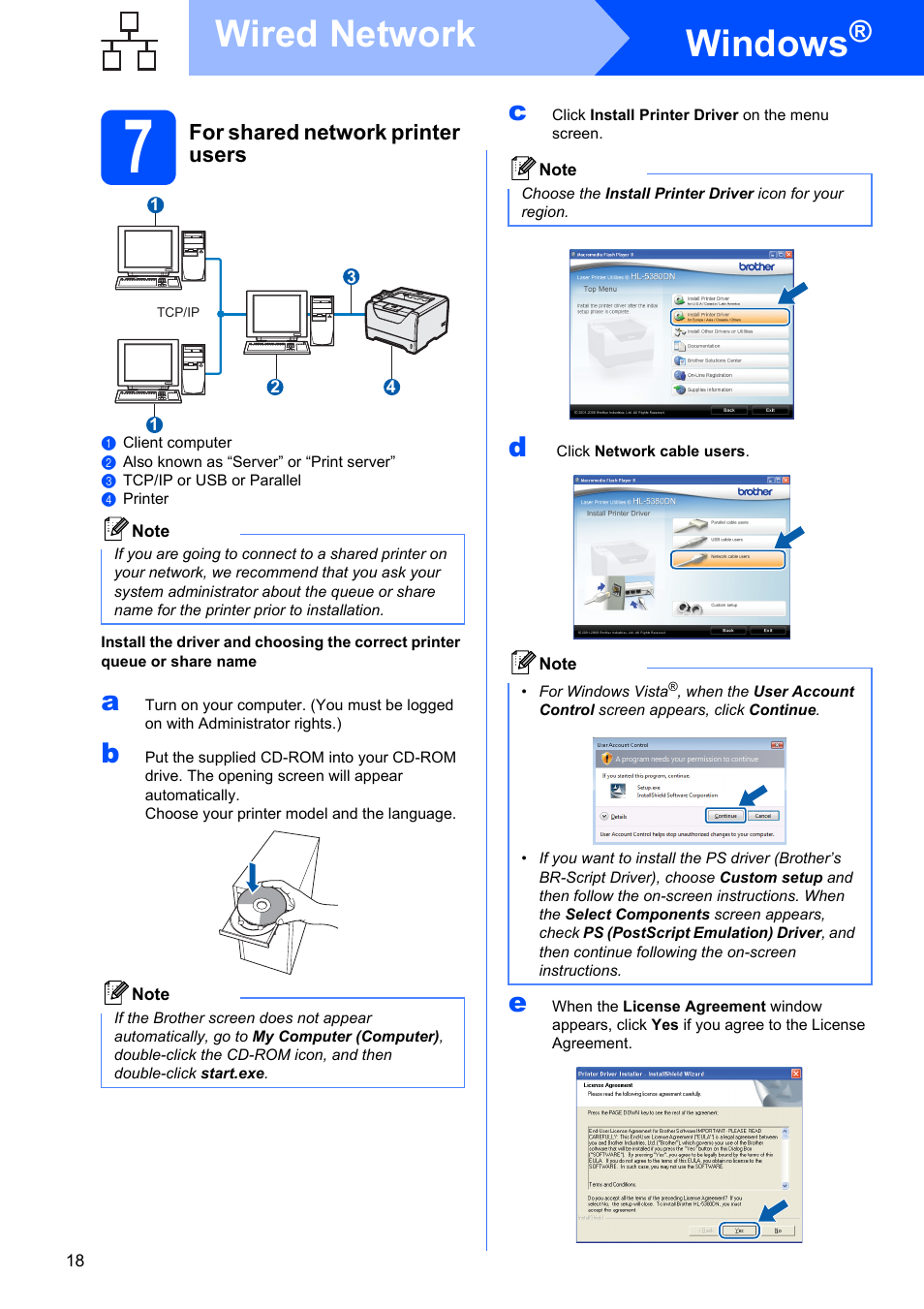 7 for shared network printer users, Windows, Wired network | For shared network printer users | Brother HL-53 User Manual | Page 18 / 34