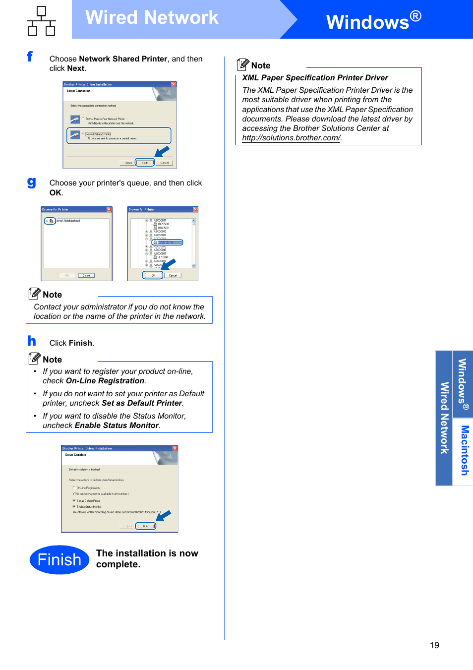 Windows, Wired network, Finish | Brother HL-53 User Manual | Page 19 / 34