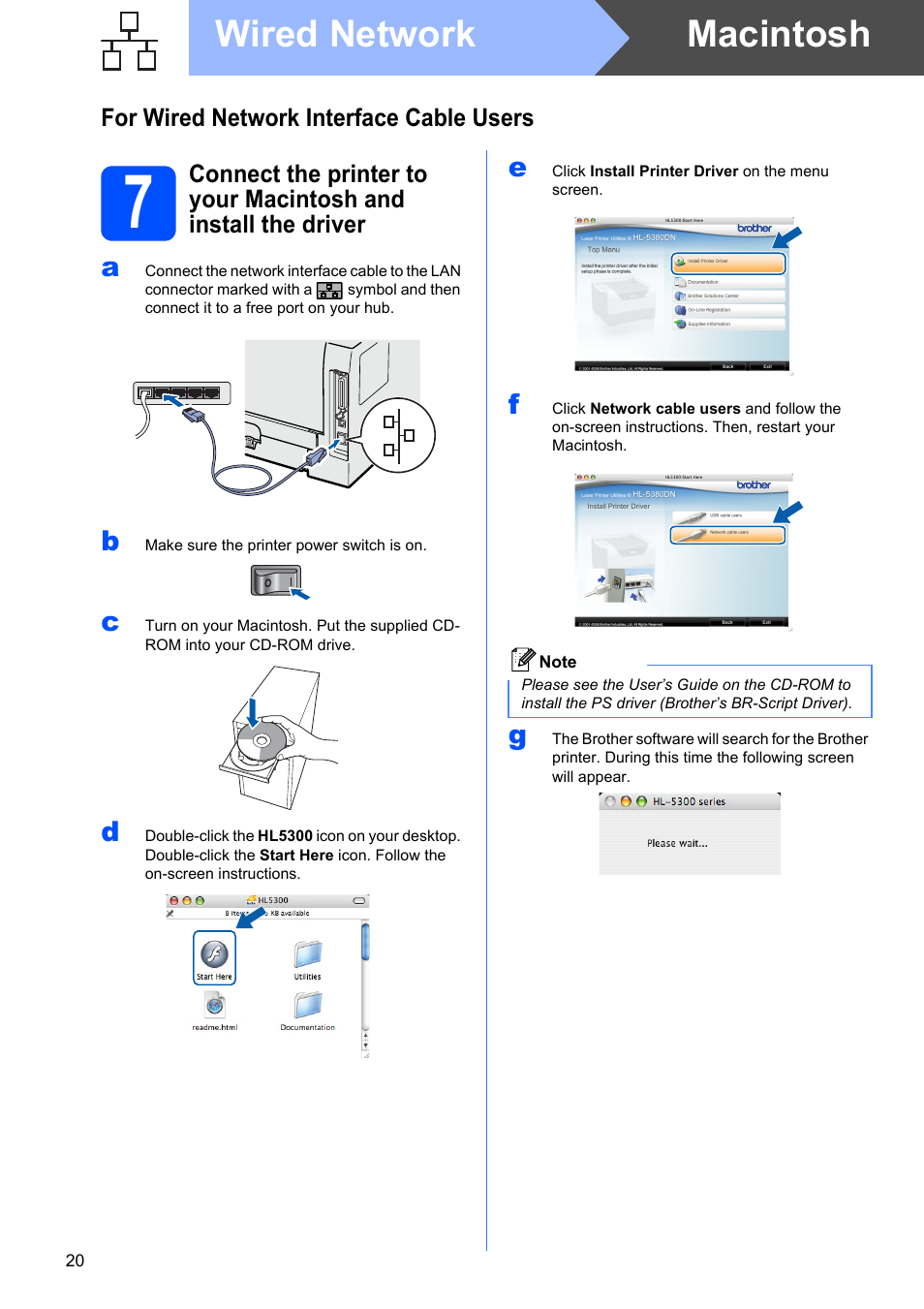 Macintosh wired network, For wired network interface cable users | Brother HL-53 User Manual | Page 20 / 34