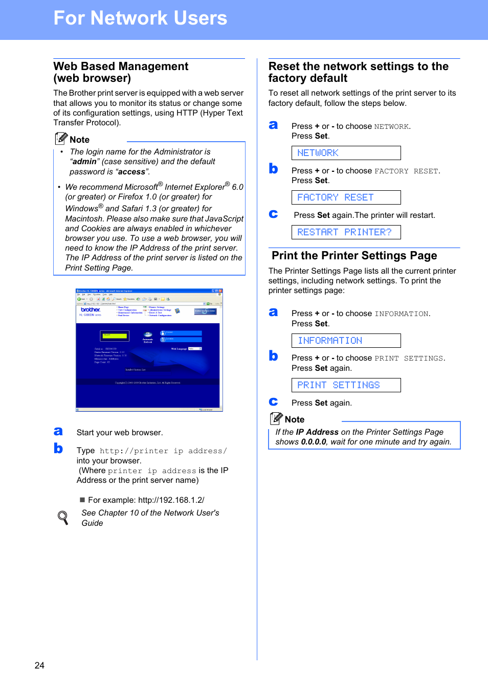 Web based management (web browser), Reset the network settings to the factory default, For network users | Print the printer settings page | Brother HL-53 User Manual | Page 24 / 34