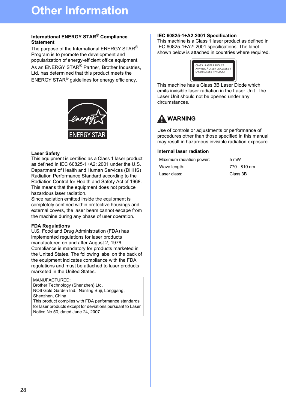 International energy star® compliance statement, Laser safety, Fda regulations | Iec 60825-1+a2:2001 specification, Internal laser radiation, Other information, Warning | Brother HL-53 User Manual | Page 28 / 34