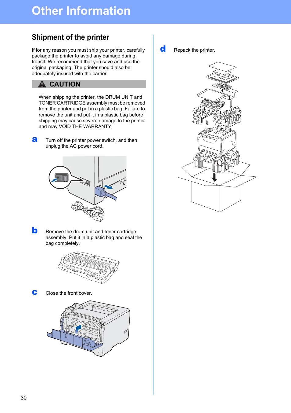Shipment of the printer, Other information, Caution | Brother HL-53 User Manual | Page 30 / 34