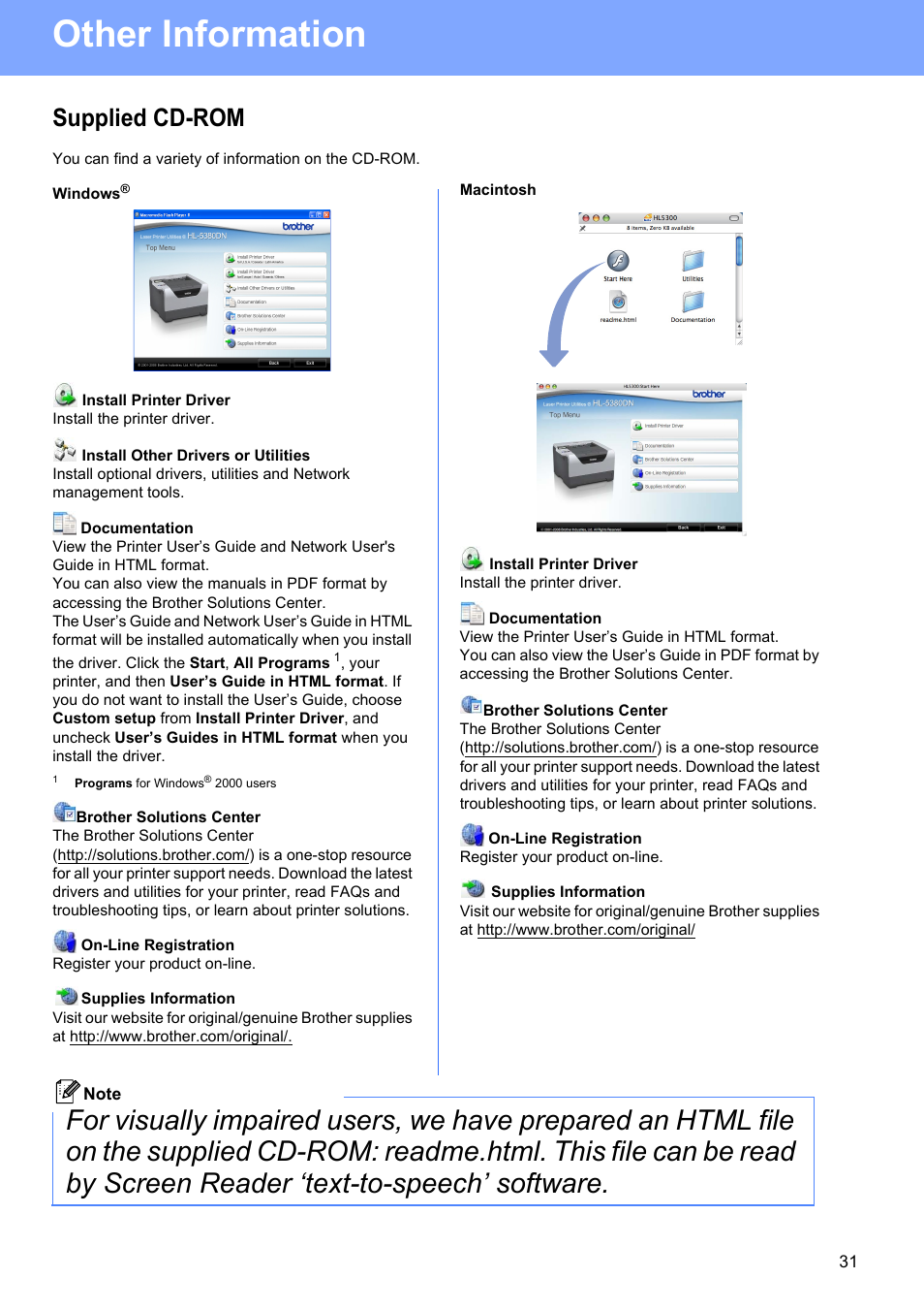 Supplied cd-rom, Windows, Macintosh | Other information | Brother HL-53 User Manual | Page 31 / 34