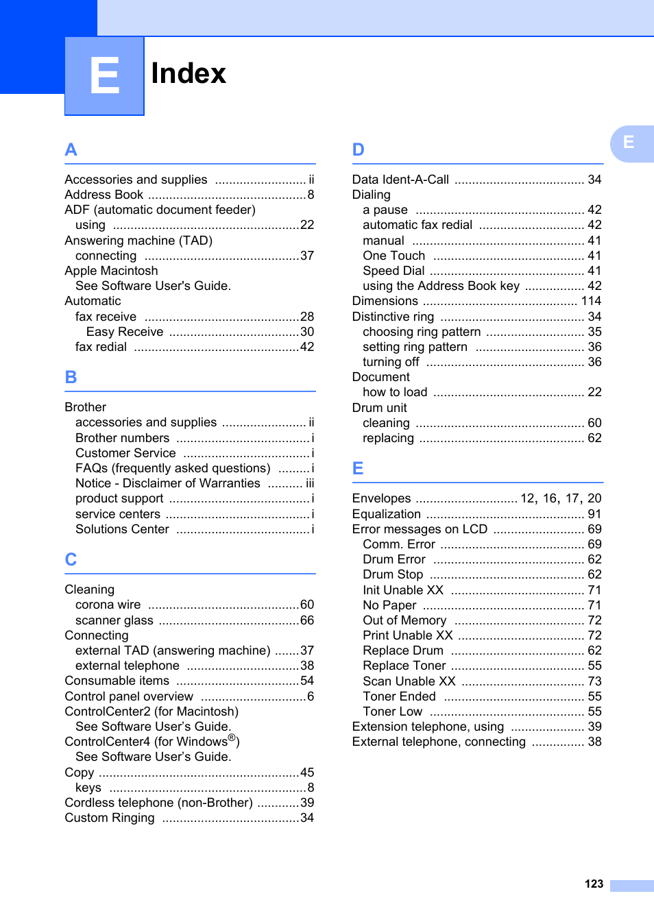 Index | Brother FAX-2840 User Manual | Page 135 / 140