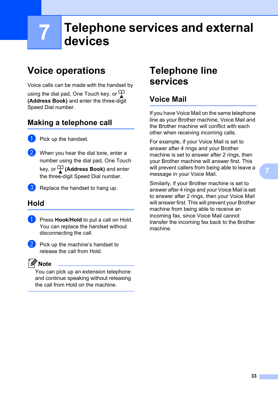 7 telephone services and external devices, Voice operations, Making a telephone call | Hold, Telephone line services, Voice mail, Telephone services and external devices, Making a telephone call hold | Brother FAX-2840 User Manual | Page 45 / 140