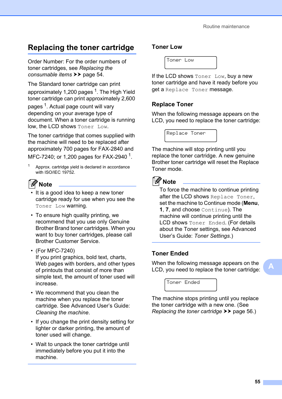 Replacing the toner cartridge, Toner low, Replace toner | Toner ended, Areplacing the toner cartridge | Brother FAX-2840 User Manual | Page 67 / 140