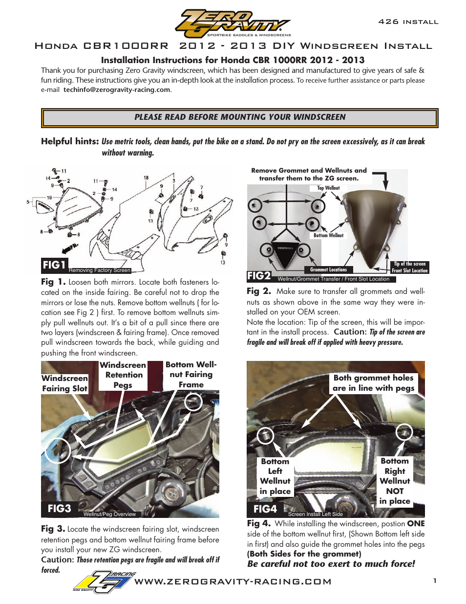 Zero Gravity Honda CBR 1000RR (12-13) Windscreen User Manual | 2 pages