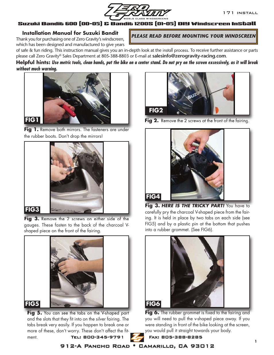 Zero Gravity Suzuki 600 (00-05) & 1200S (01-05) Bandit Windscreen User Manual | 2 pages