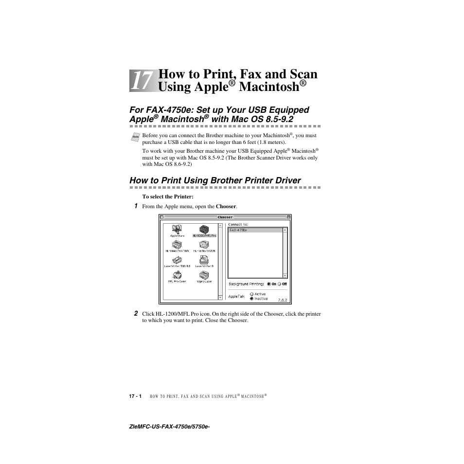 How to print using brother printer driver, How to print, fax and scan using apple, Macintosh | For fax-4750e: set up your usb equipped apple, With mac os 8.5-9.2 -1, How to print using brother printer driver -1, With mac os 8.5-9.2 | Brother FAX-4750e User Manual | Page 167 / 231
