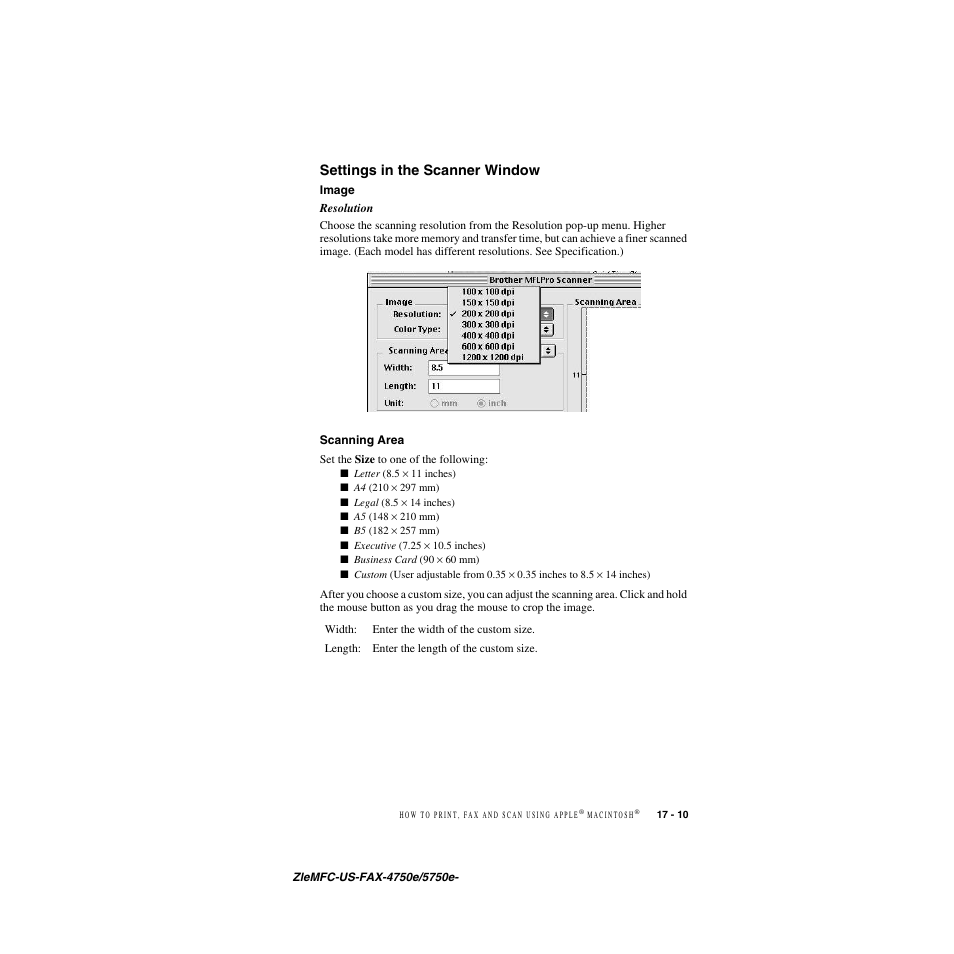 Settings in the scanner window, Image, Scanning area | Settings in the scanner window -10, Image -10 scanning area -10 | Brother FAX-4750e User Manual | Page 176 / 231