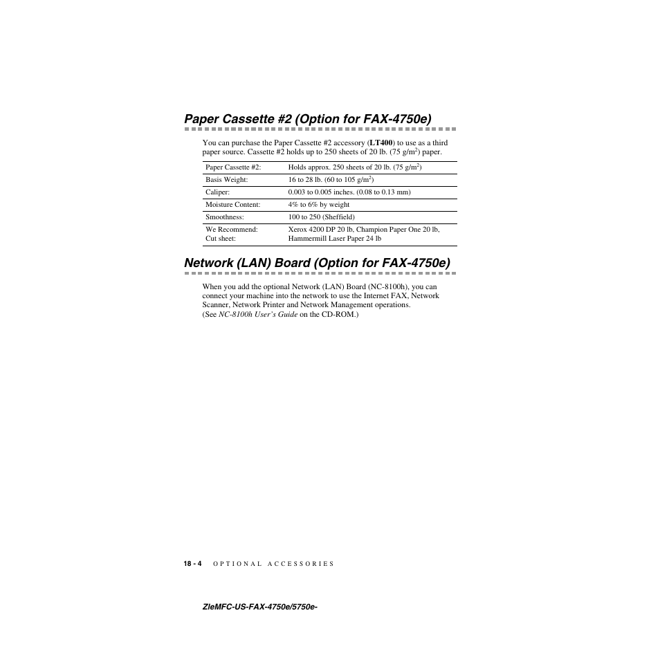 Paper cassette #2 (option for fax-4750e), Network (lan) board (option for fax-4750e) | Brother FAX-4750e User Manual | Page 181 / 231