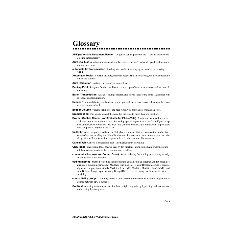 Glossary | Brother FAX-4750e User Manual | Page 212 / 231