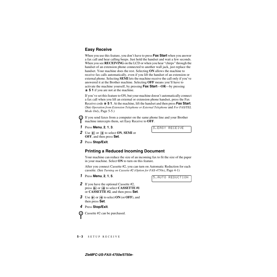 Easy receive, Printing a reduced incoming document | Brother FAX-4750e User Manual | Page 59 / 231