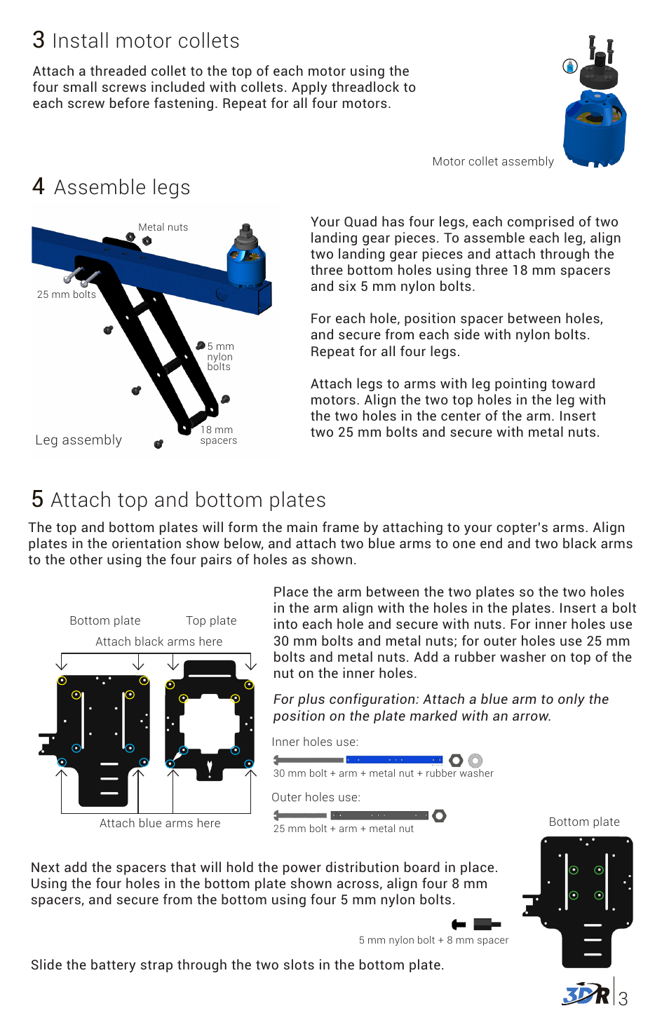 Attach top and bottom plates, Install motor collets, Assemble legs | 3D Robotics DIY Quad Kit User Manual | Page 4 / 12