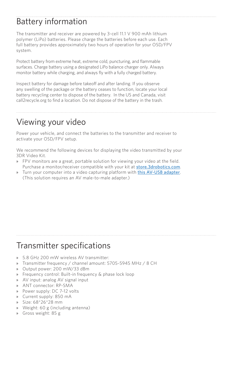 Battery information, Viewing your video, Transmitter specifications | 3D Robotics RTF Aero OSD User Manual | Page 4 / 5