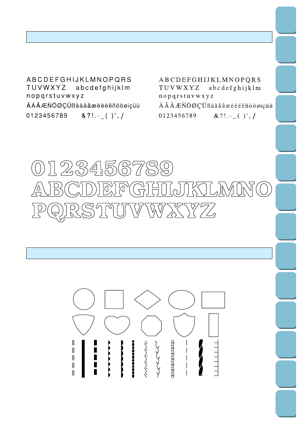 Character embroidery chart, Frame pattern embroidery chart | Brother PC 8500 User Manual | Page 193 / 196