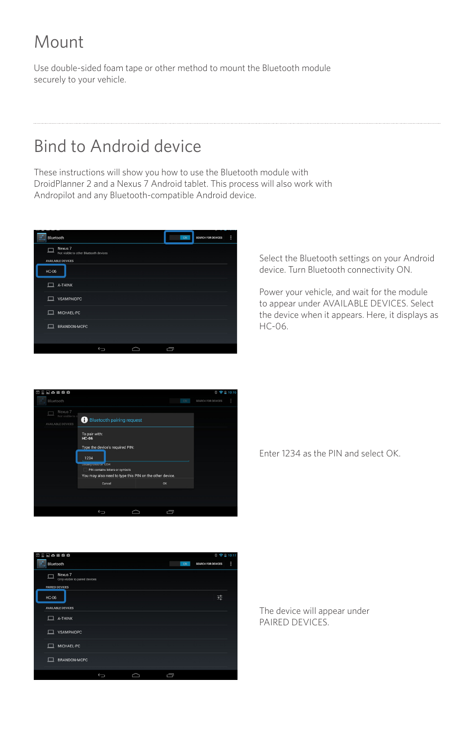 Mount, Bind to android device | 3D Robotics Bluetooth Data Link User Manual | Page 2 / 3