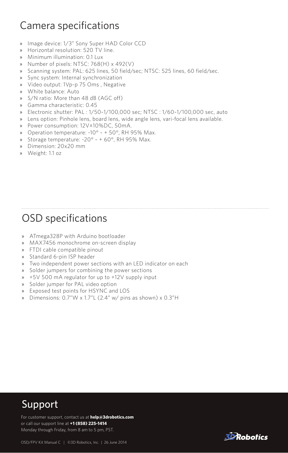 Support camera specifications, Osd specifications | 3D Robotics Video/OSD Kit User Manual | Page 8 / 8
