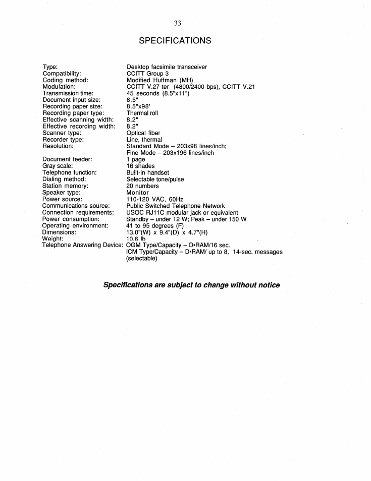 Specifications | Brother FAX-195 User Manual | Page 39 / 40