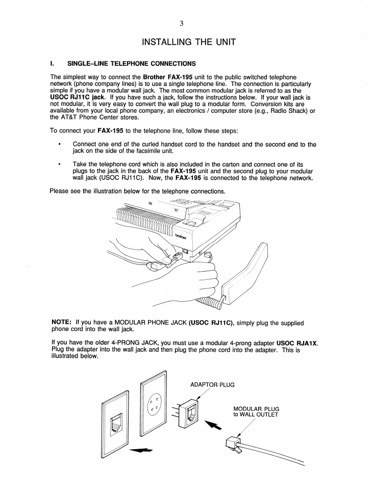 Installing the unit | Brother FAX-195 User Manual | Page 9 / 40
