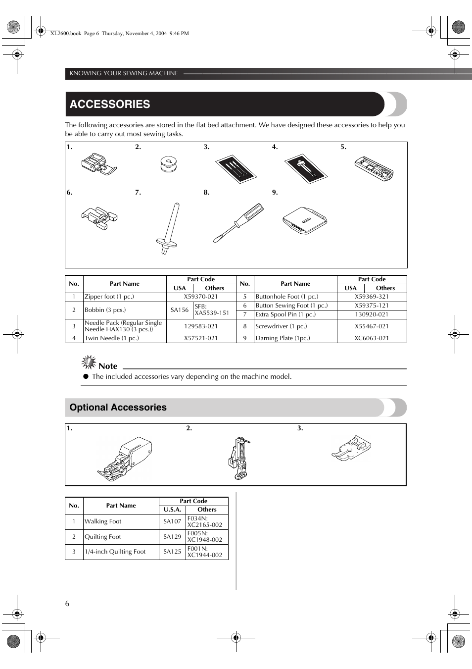 Accessories, Optional accessories | Brother XC6771-021 User Manual | Page 8 / 52