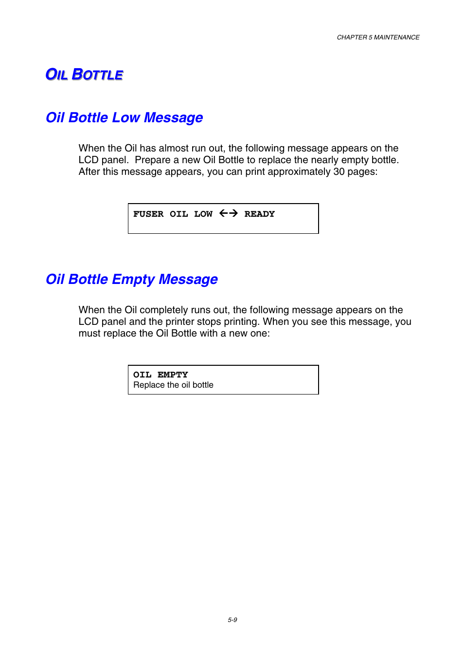 Oil buttle, Oil bottle low message, Oil bottle empty message | Oil bottle, See 5-9 | Brother HL-2600CN Series User Manual | Page 121 / 225