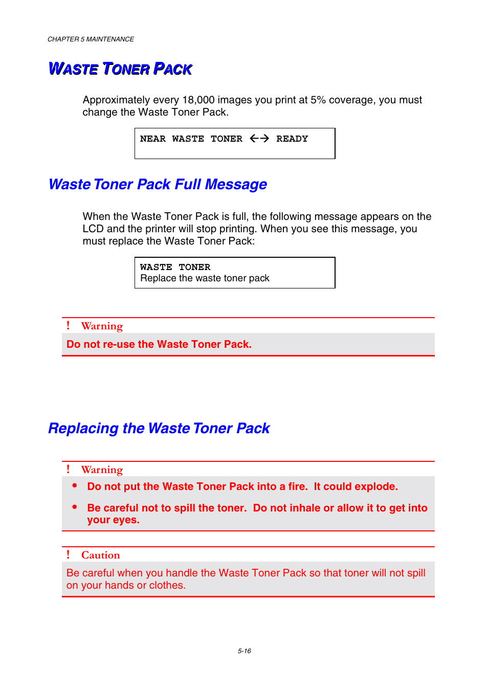 Waste toner pack, Waste toner pack full message, Replacing the waste toner pack | See 5-16 | Brother HL-2600CN Series User Manual | Page 128 / 225