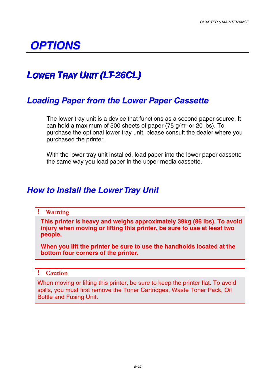 Options, Lower tray unit(lt-26cl), Loading paper from the lower paper cassette | How to install the lower tray unit, Lower tray unit (lt-26cl) | Brother HL-2600CN Series User Manual | Page 157 / 225