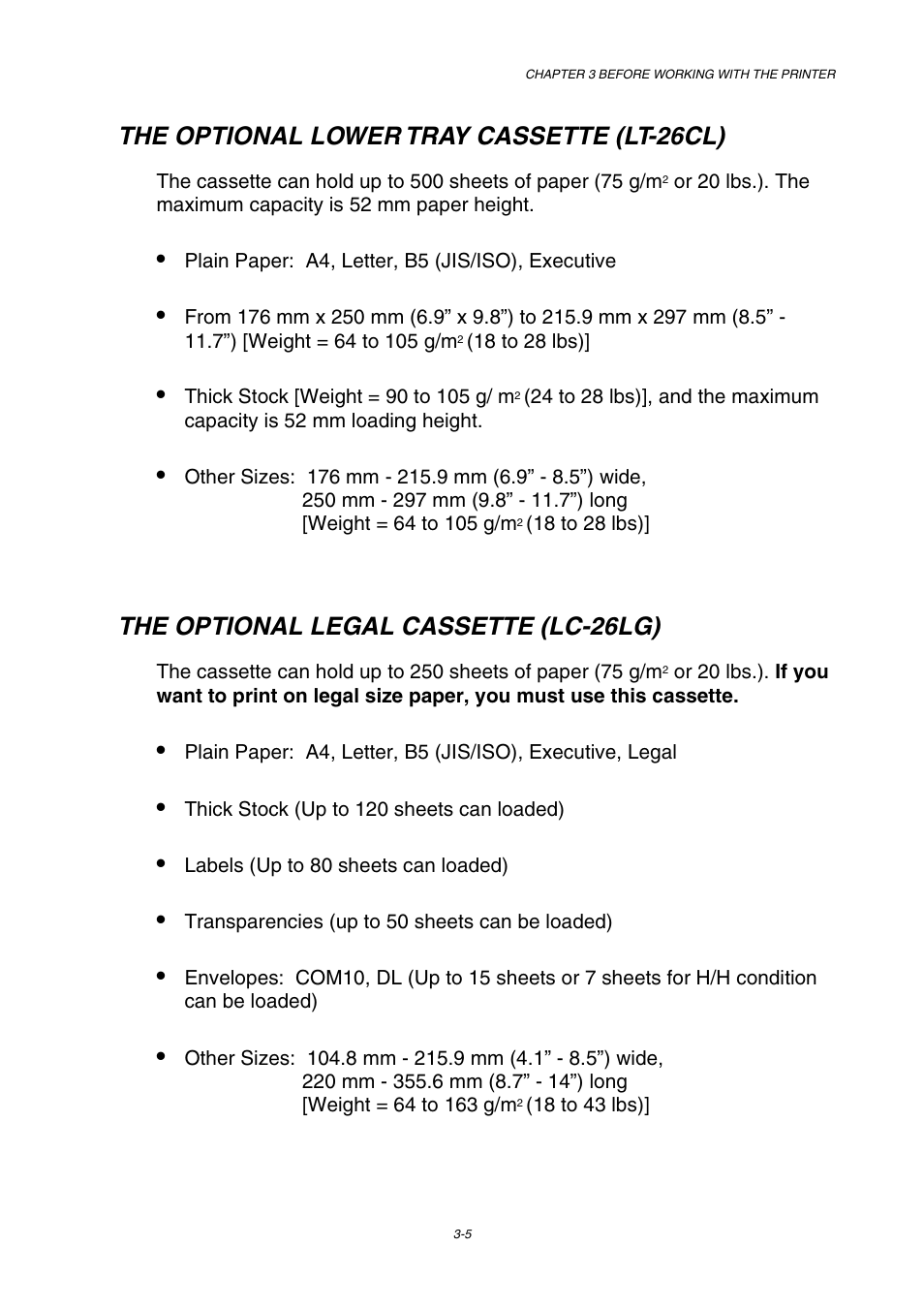 The optional lower tray cassette (lt-26cl), The optional legal cassette (lc-26lg) | Brother HL-2600CN Series User Manual | Page 60 / 225