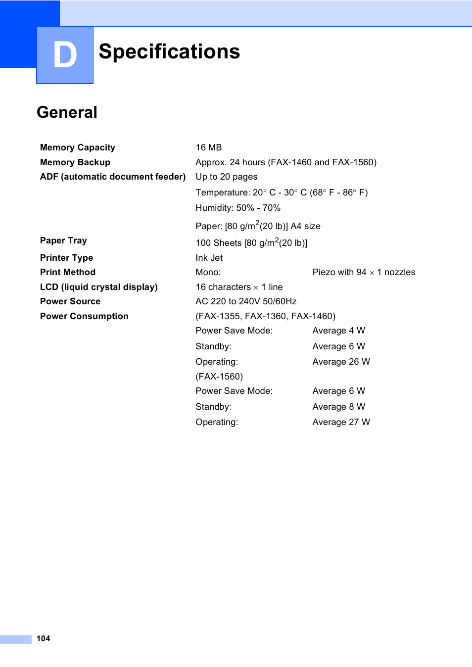 D specifications, General, Specifications | Brother FAX-1355 User Manual | Page 114 / 127