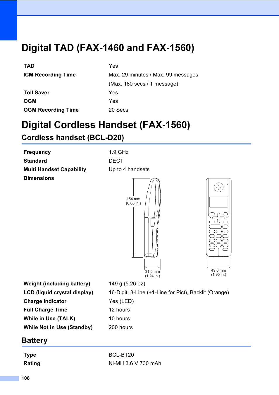 Digital tad (fax-1460 and fax-1560), Digital cordless handset (fax-1560), Cordless handset (bcl-d20) | Battery, Cordless handset (bcl-d20) battery | Brother FAX-1355 User Manual | Page 118 / 127