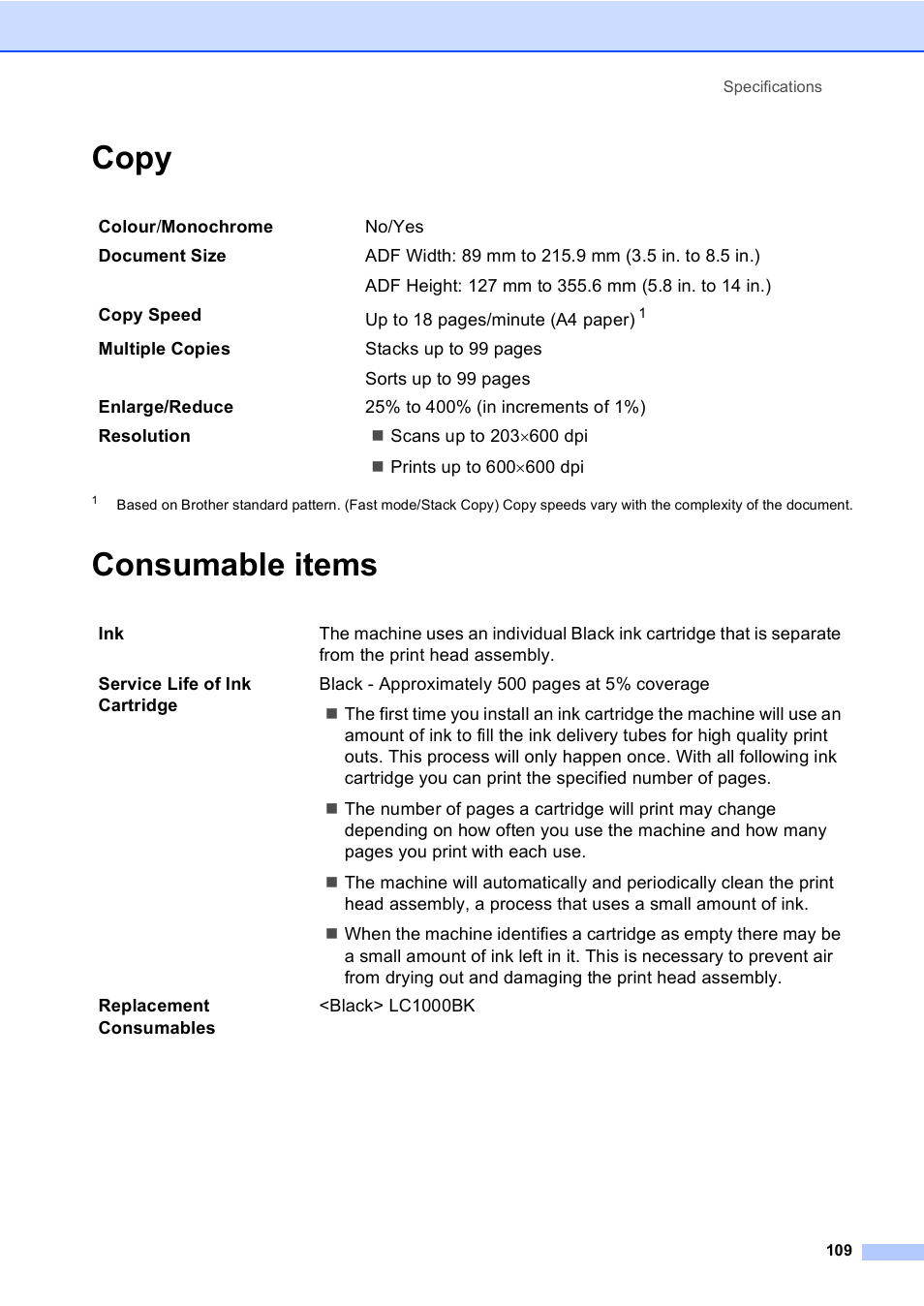 Copy, Consumable items, Copy consumable items | Brother FAX-1355 User Manual | Page 119 / 127