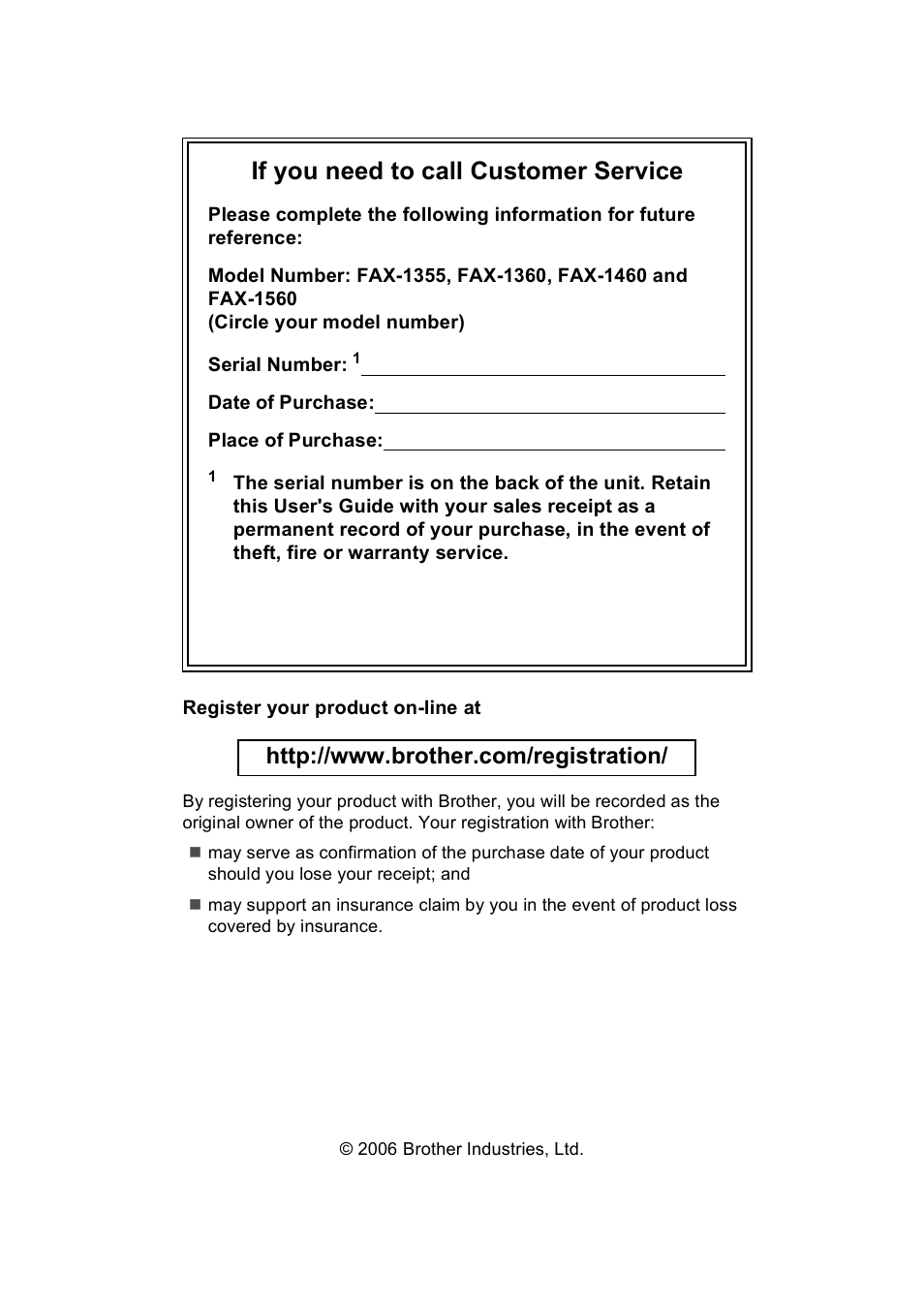 If you need to call customer service | Brother FAX-1355 User Manual | Page 2 / 127