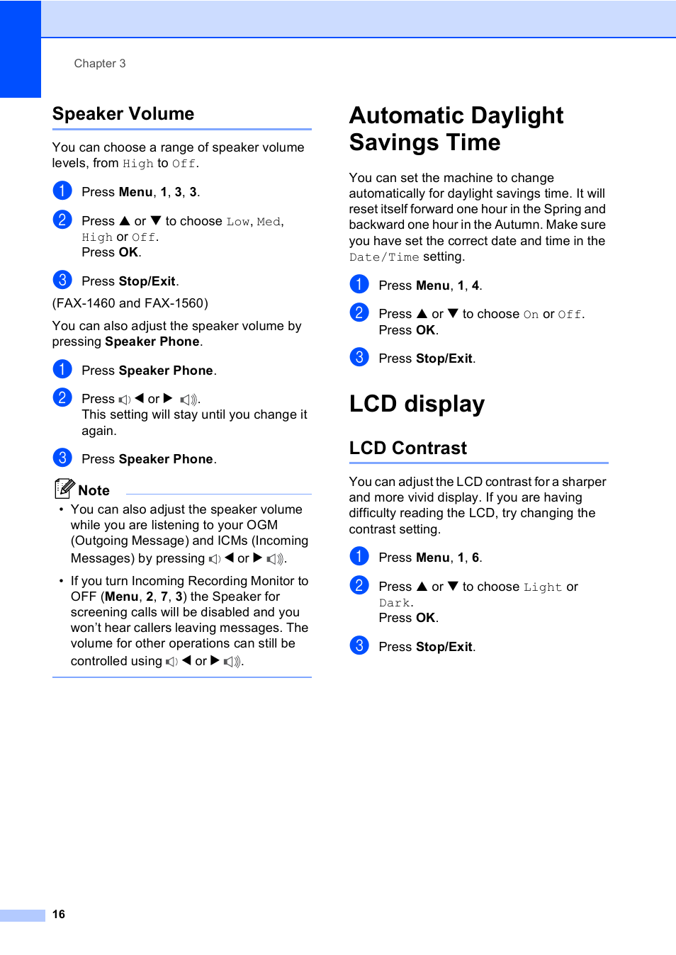 Speaker volume, Automatic daylight savings time, Lcd display | Lcd contrast, Automatic daylight savings time lcd display | Brother FAX-1355 User Manual | Page 26 / 127