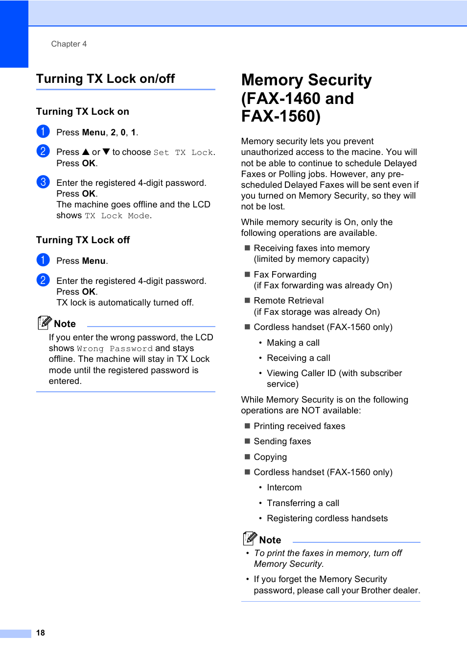 Turning tx lock on/off, Turning tx lock on, Turning tx lock off | Memory security (fax-1460 and fax-1560) | Brother FAX-1355 User Manual | Page 28 / 127