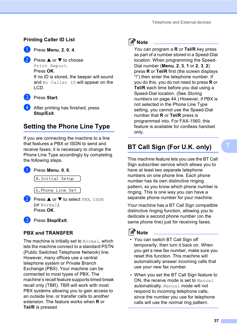 Printing caller id list, Setting the phone line type, Pbx and transfer | Bt call sign (for u.k. only) | Brother FAX-1355 User Manual | Page 47 / 127