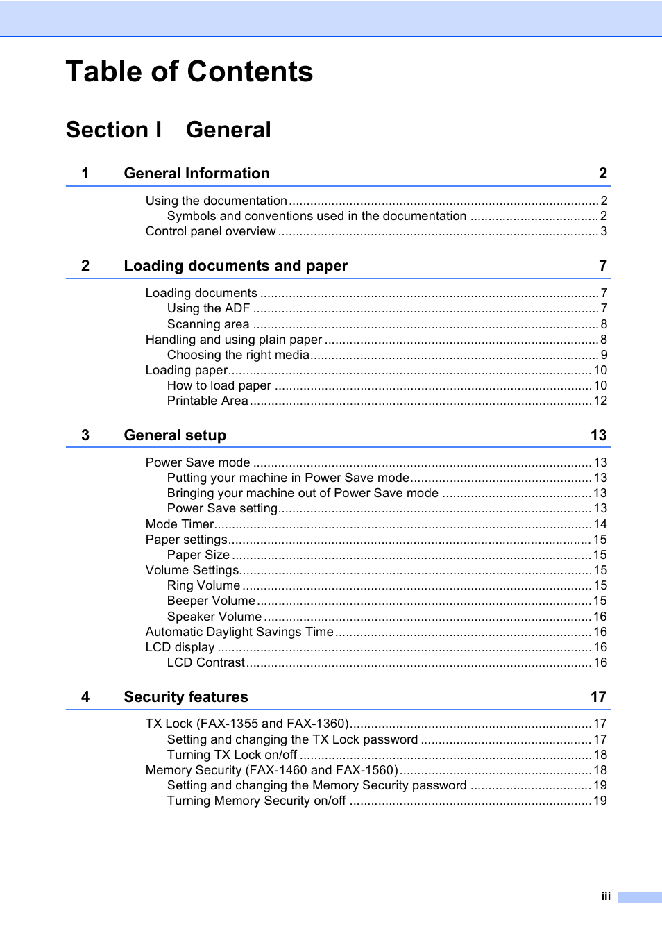 Brother FAX-1355 User Manual | Page 5 / 127