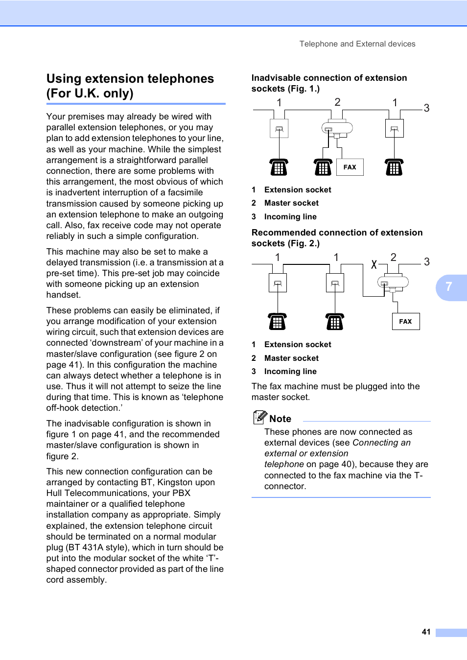 Using extension telephones (for u.k. only), 7using extension telephones (for u.k. only) | Brother FAX-1355 User Manual | Page 51 / 127