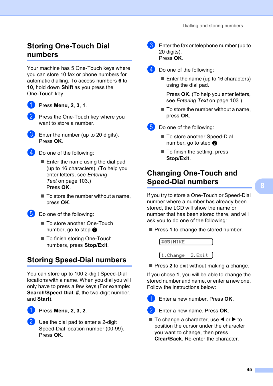 Storing one-touch dial numbers, Storing speed-dial numbers, Changing one-touch and speed-dial numbers | 8storing one-touch dial numbers | Brother FAX-1355 User Manual | Page 55 / 127
