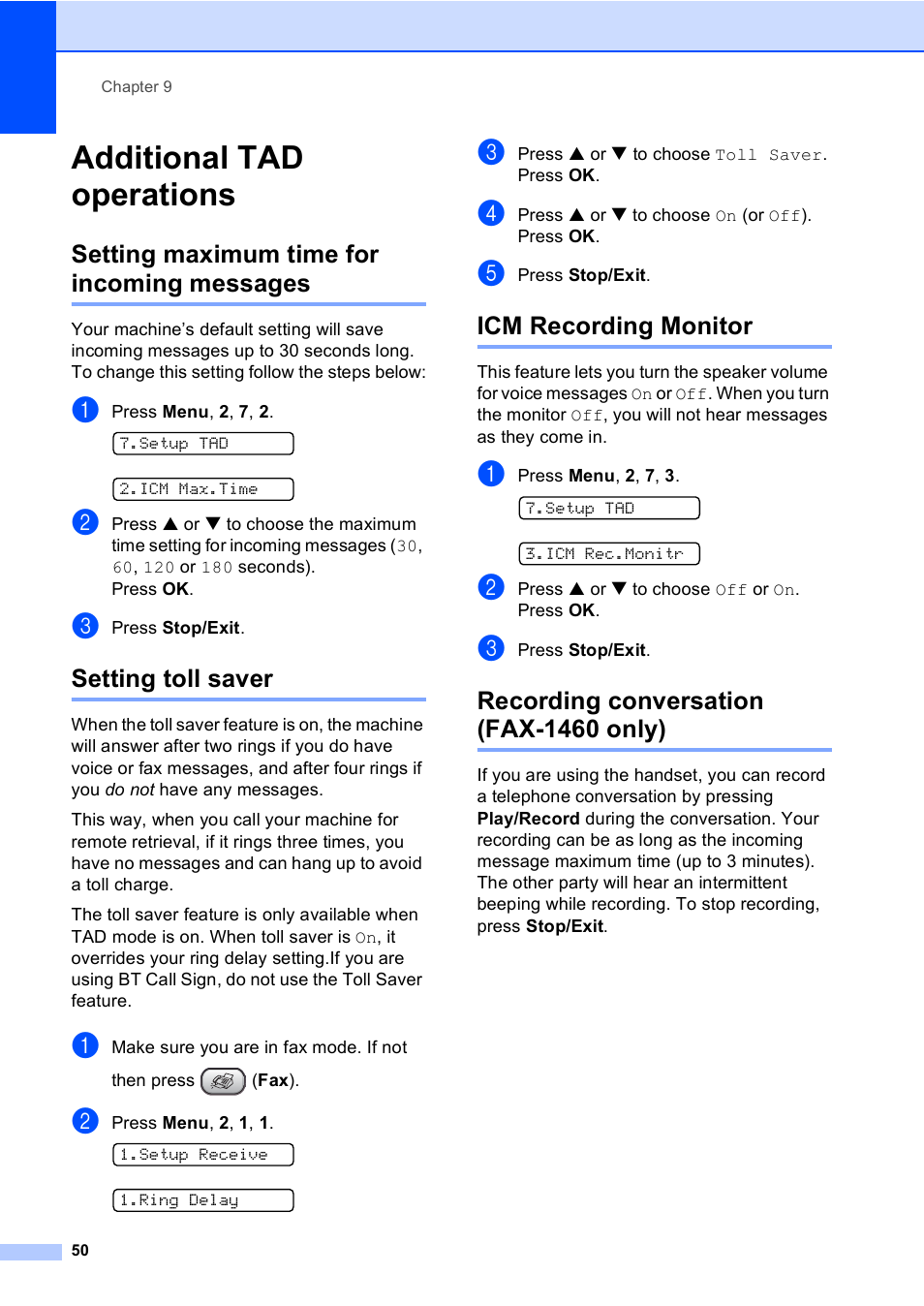 Additional tad operations, Setting maximum time for incoming messages, Setting toll saver | Icm recording monitor, Recording conversation (fax-1460 only) | Brother FAX-1355 User Manual | Page 60 / 127