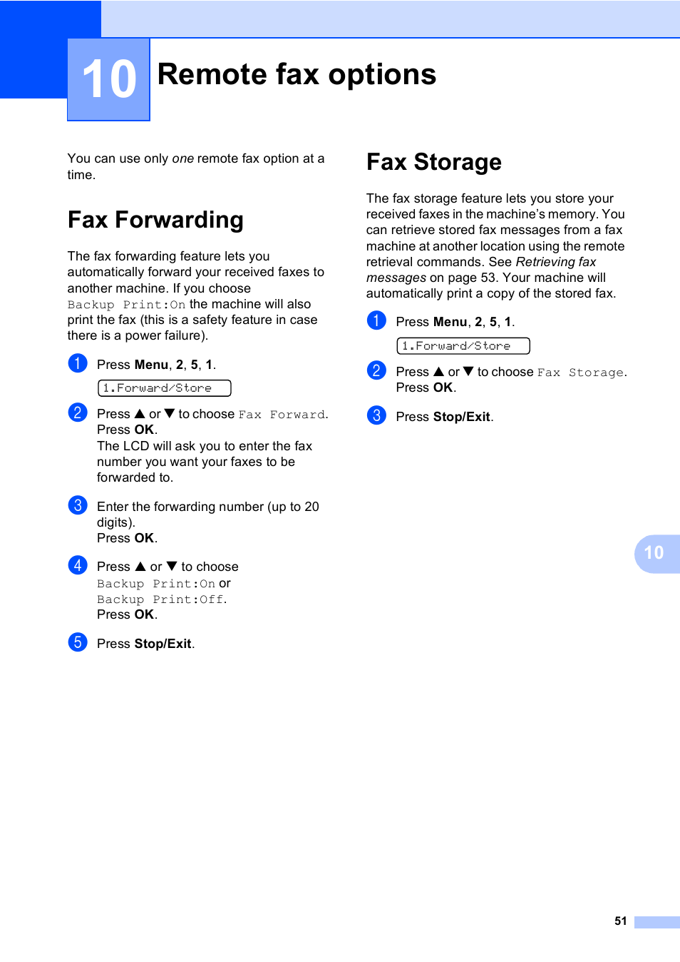 10 remote fax options, Fax forwarding, Fax storage | Remote fax options, Fax forwarding fax storage | Brother FAX-1355 User Manual | Page 61 / 127