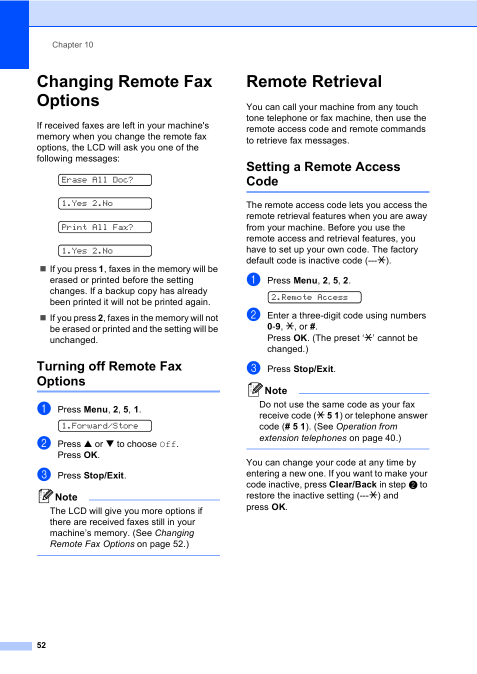 Changing remote fax options, Turning off remote fax options, Remote retrieval | Setting a remote access code | Brother FAX-1355 User Manual | Page 62 / 127