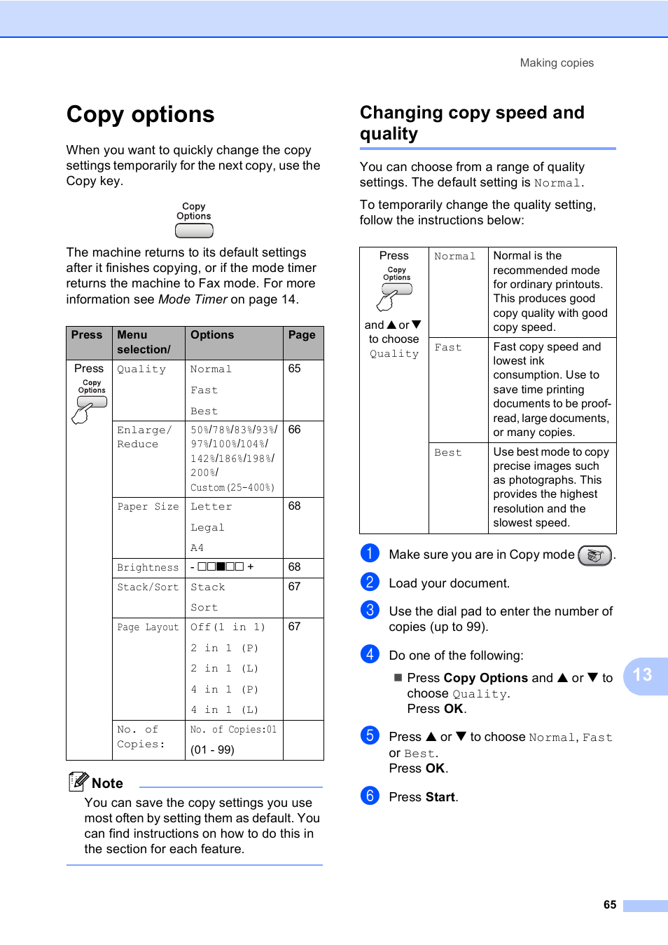 Copy options, Changing copy speed and quality | Brother FAX-1355 User Manual | Page 75 / 127