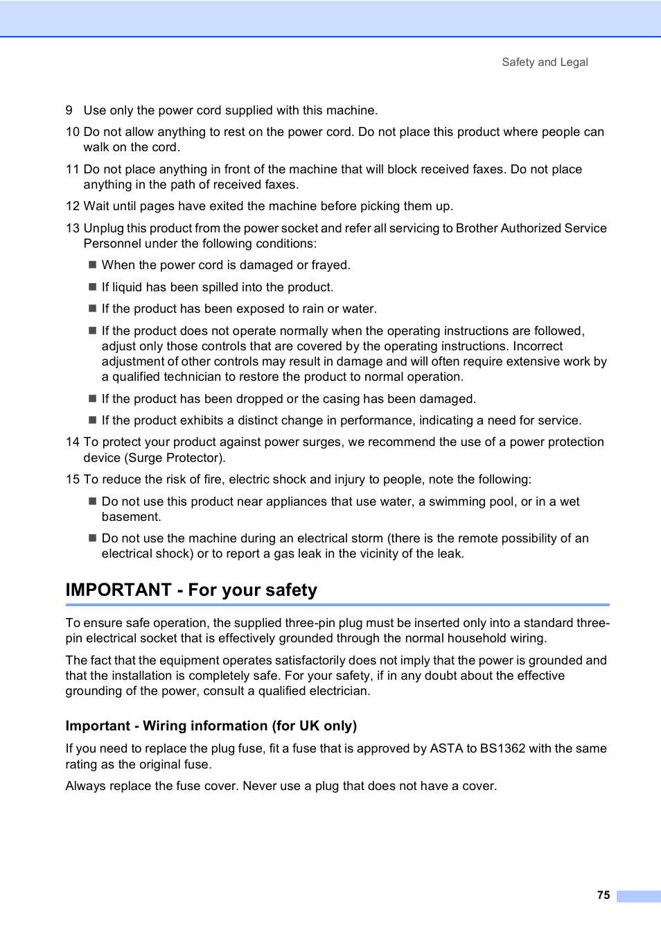 Important - for your safety, Important - wiring information (for uk only) | Brother FAX-1355 User Manual | Page 85 / 127
