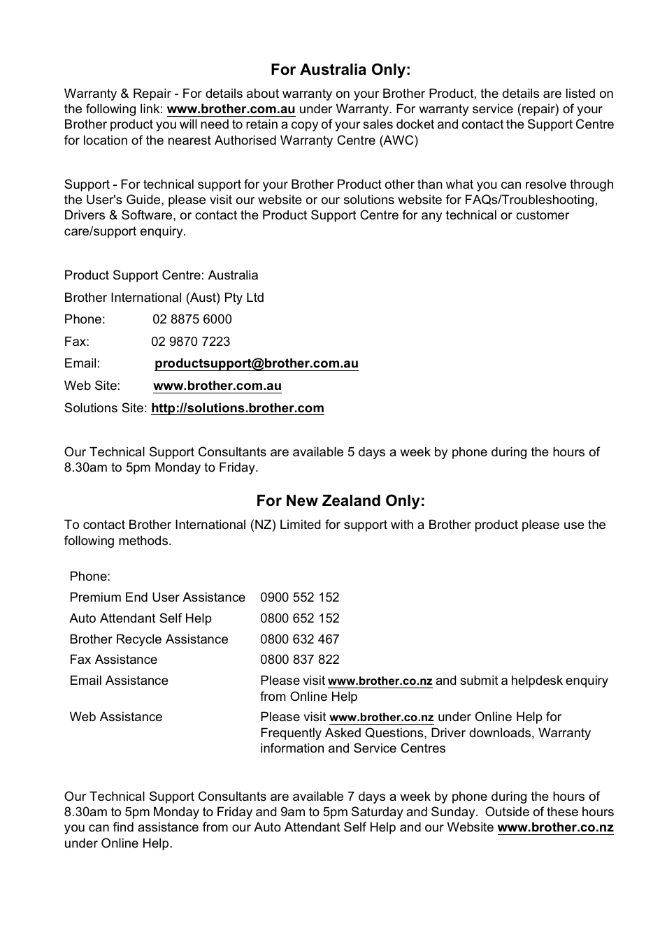 For australia only, For new zealand only | Brother DCP-193C User Manual | Page 117 / 118