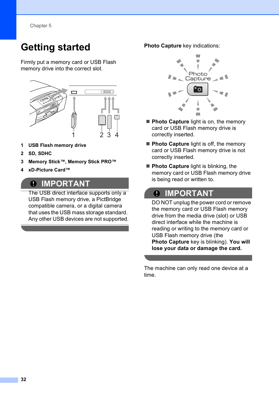 Getting started, Important | Brother DCP-193C User Manual | Page 40 / 118